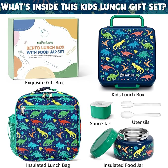 Fimibuke Bento lunch Box Set for Kids Adult with 8oz Insulated Food Jar, Lunch Bag & Sauce Cup, Leakproof Dishwasher Safe Toddler Lunch Food Container with 3-4 Compartment for School Girls Boys