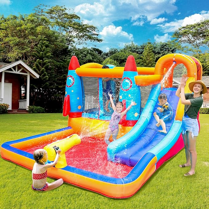 Inflatable Water Slide - Bounce House for Kids,Bouncy Castle for Kids Outdoor,Water Bounce House with Slide,Inflatable Water Park,Rocket Bounce House with Blower