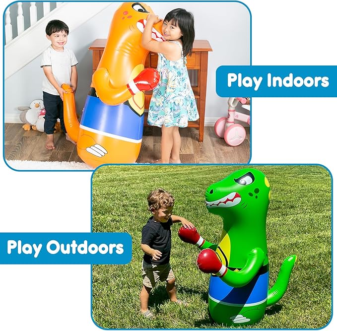 Inflatable Dinosaur Punching Bag for Kids – Bop Bag for Toddlers and Children Ages 3-14 – 47" Blow Up Toy with Bounce-Back Action – Fill Base with Sand or Water