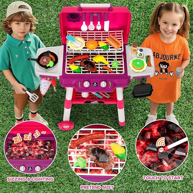 Kids Play Kitchen Toys, Kids BBQ Grill Playset with Smoke Sound Light, 2-Layer Barbecue Toy with Wheels, Outdoor Play Food Toys Cooking Set for Toddler 3-5, Birthday for Boy Girl (Pink)