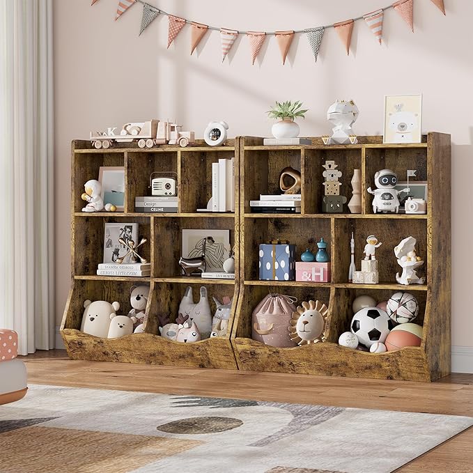 GarveeHome Rustic Brown Toy Storage Cabinet, Three-Tier Kids Bookshelf and Bookcase for Storage Books and Toys, Multi Shelf with Cubby Organizer for Bedroom and Playroom