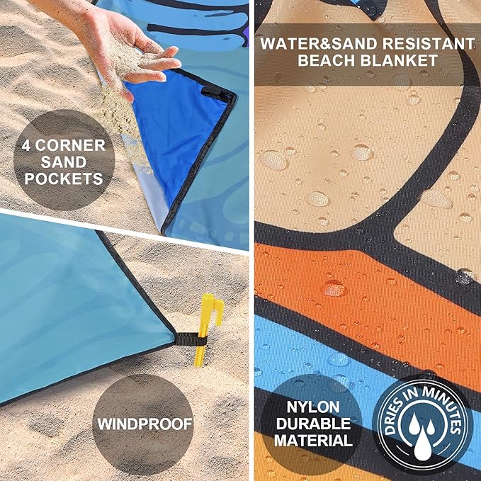 Beach Blanket Waterproof Sandproof Beach Mat 79" X 83"/10'x9'for 2-8 Adults Quick Drying Outdoor Picnic Mat Beach Accessories for Travel, Camping, Hiking