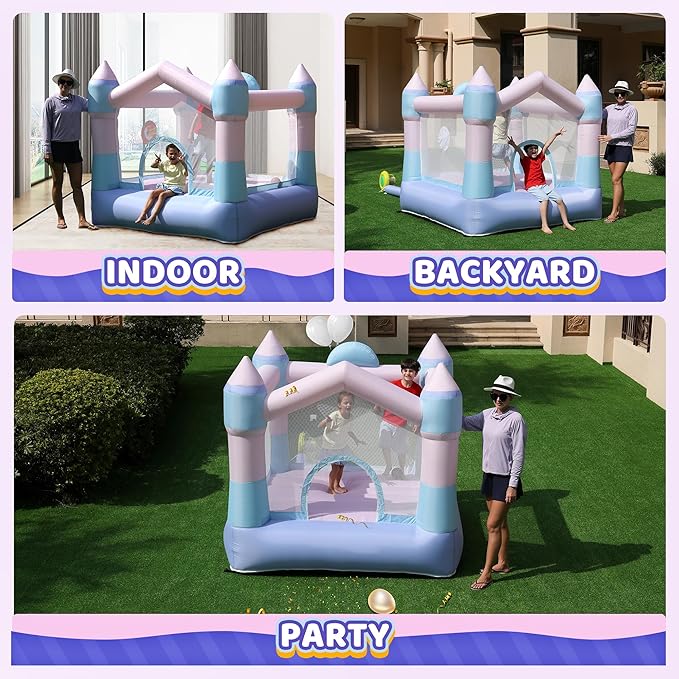 Bounce House Inflatable Bouncer with Blower, Colorful Bouncy Castle with Basketball Hoop and Sticky Ball Game for Kids 3-8