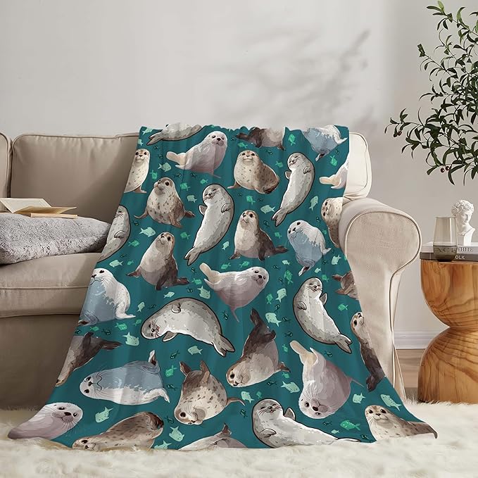 Seal Throw Blanket Ocean Seal Stuff Gifts for Kids Girls Boys Adults Women Men Soft Cozy Warm Plush Fluffy Fuzzy Fleece Blanket Decor 50''X60''