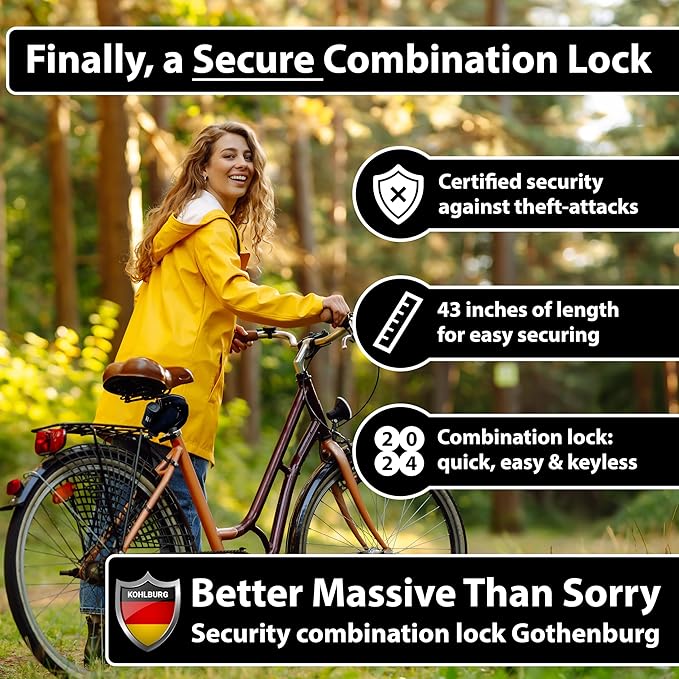 Heavy Duty Combination Bike Lock [Sold Secure Gold] 43" Long with Maximum Security – Anti Theft Bike Chain Lock with Numeric Code & 8mm Hardened Steel for Bicycle, Ebike, & Motorcycle