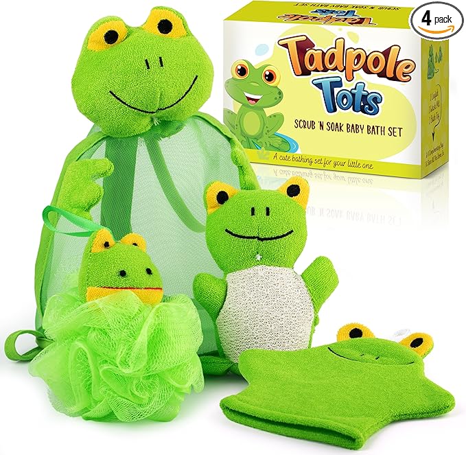 Baby Bath Set – Soft & Durable Frog-Themed Loofah Scrubber Kit – Cute Cartoon Bathing Accessories for Kids – Gentle Exfoliating Wash Mitt & Body Scrubber – Easy to Use
