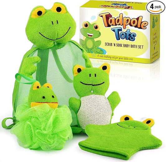 Baby Bath Set – Soft & Durable Frog-Themed Loofah Scrubber Kit – Cute Cartoon Bathing Accessories for Kids – Gentle Exfoliating Wash Mitt & Body Scrubber – Easy to Use