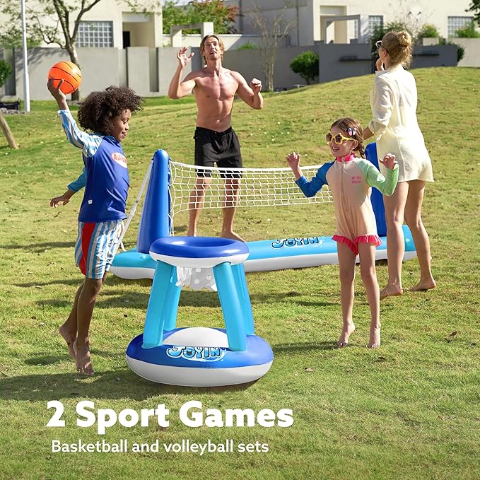 JOYIN Inflatable Volleyball Net & Basketball Hoops Pool Float Set; Balls Included for Kids/Adults, Summing Pool Game, Floating, Summer Floaties, Volleyball Court |Basketball,L-Dark Blue