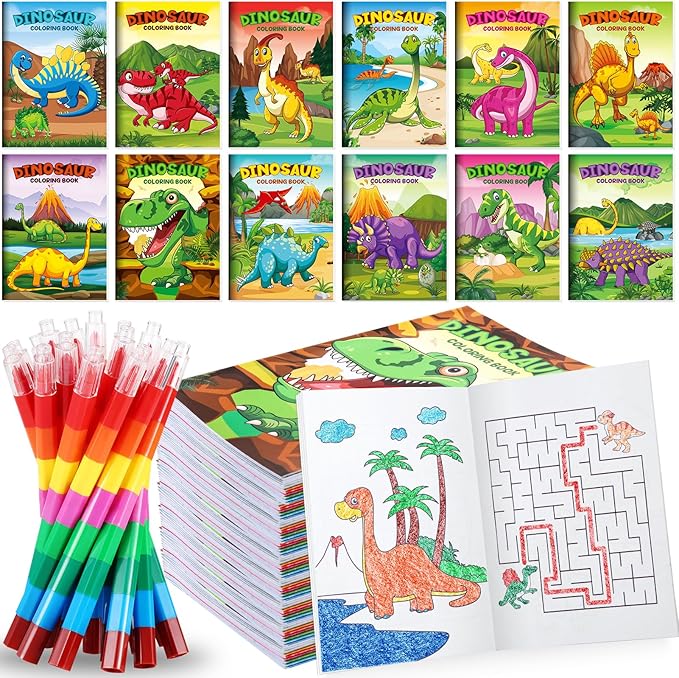 BenLouis 12 Dinosaur Mini Coloring Books Kids with 12 Stacking Crayons Dino Party Favors Small Activity Books Bulk for Kids Jurassic Party Gift Goodie Bag Stuffers
