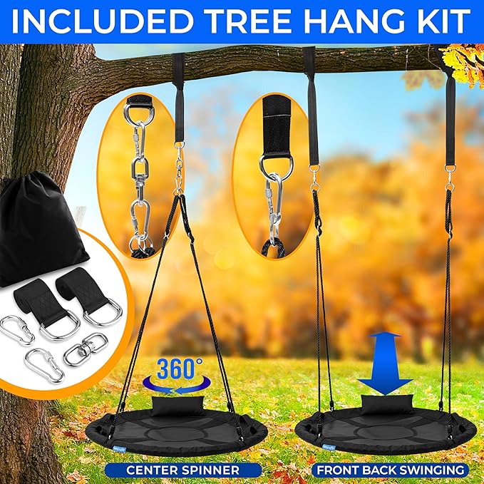 SereneLife 40" Saucer Swing - Outdoor Swing Set with Universal Hanging Kit, Swinging Seat Spinner with Pillow & Carry Bag, Weatherproof, Water-Resistant, Supports Up to 700 lbs, Black