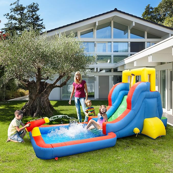 PicassoTiles KC108 Water Slide Park Inflatable Bouncing House w/Pool Area (Splash Zone), Climbing Wall, Shower Head Sprays Mounts, Water Cannon Mount and Heavy Duty GFCI ETL Certified 385W Blower