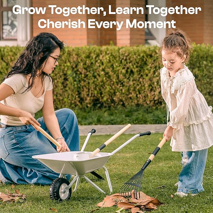 ROBOTIME Kids Wheelbarrow with Gardening Set – Metal Wheelbarrow Toddler Outdoor Play Toy with Garden Tools, Watering Can & Plant Labels, Pretend Play Yard Equipment for Boys and Girls (Grayish white)