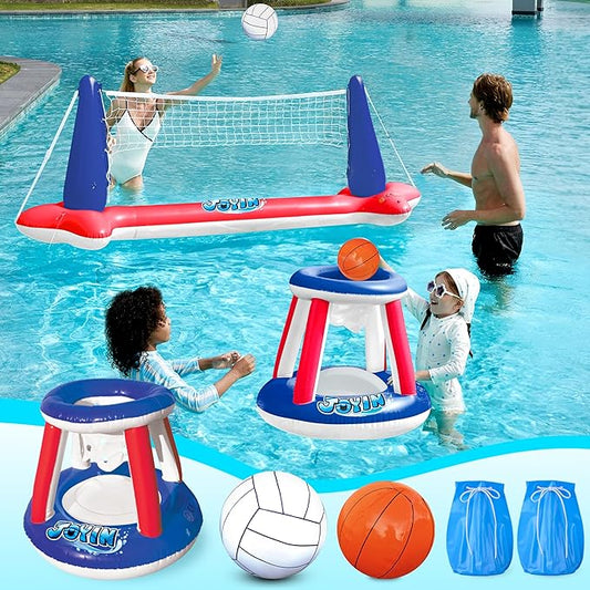 JOYIN Inflatable Pool Float Set Volleyball Net & Basketball Hoops, Balls Included for Kids and Adults Swimming Game Toy, Summer Floaties, Volleyball Court |Basketball,L-Red