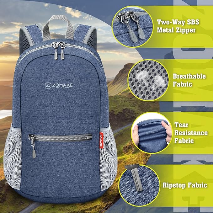 ZOMAKE 10L Lightweight Packable Hiking Backpack, Small Travel Hiking Daypack for Women Men Tear Resistant Foldable Day Pack for Camping Outdoor Sports(Navy Blue)