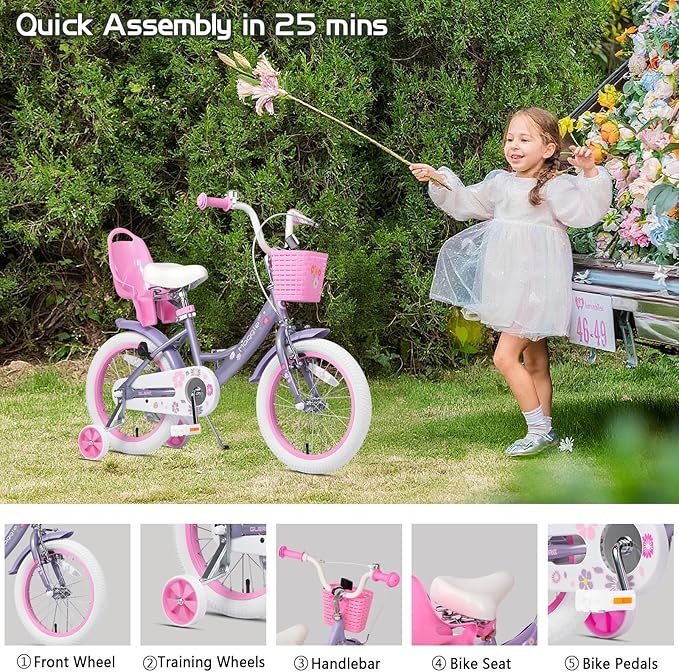 Glerc Maggie Girls Bike, 12-20 Inch Kids Bike for 2-13 Years Old Children, Princess Style Kids Bicycle with Doll-Seat & Basket & Training Wheels, Multiple Colors
