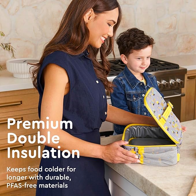 Bentgo Kids Lunch Bag - Durable, Double-Insulated Lunch Bag for Kids 3+; Holds Lunch Box, Water Bottle, & Snacks; Easy-Clean Water-Resistant Fabric & Multiple Zippered Pockets (Construction Trucks)