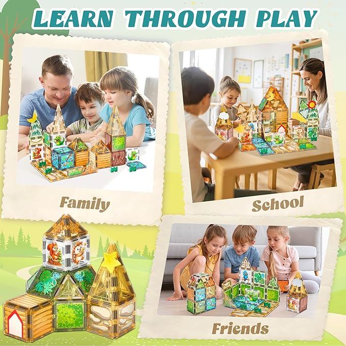 Magnetic Tiles Building Toys Set with 5 Magnetic accessories, Forest Animals Magnetic Blocks for Kids Ages 3-5 4-8, STEM Educational Sensory Magnet Toys Birthday Gifts for Toddlers Girls Boys