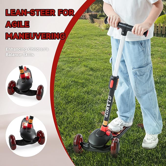 GLAMUP Kids Kick Scooter 3 Wheels, Kids Scooter Height Adjustable Handlebar, Lean-to-Steer System & Easy-Folding Mechanism, Ages 3-14 Boys and Girls