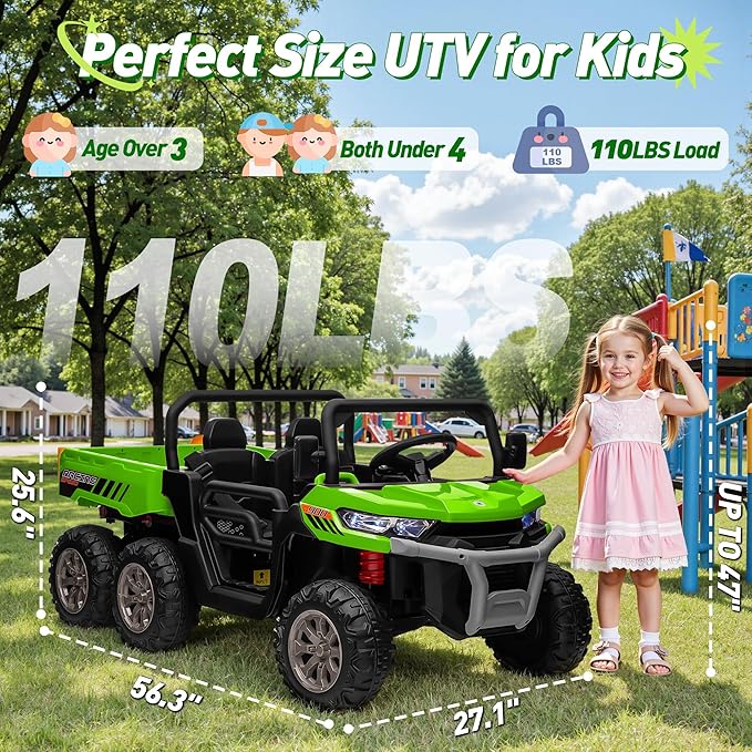 24V Ride on Dump Truck, XL 2 Seater Ride on Cars with Remote Control, 4x200W Powerful Motors, 6-Wheel Suspensions, Electric Dump Bed, Shovel, Kids UTV for Boy Girl,Pure Green