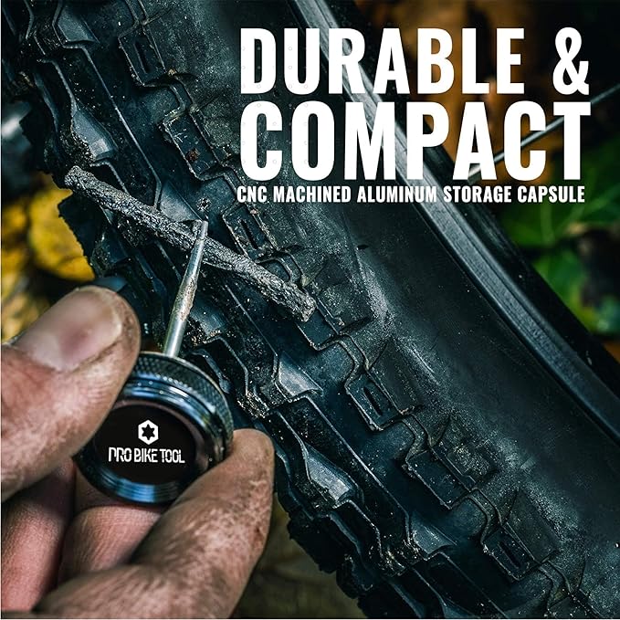 PRO BIKE TOOL Tubeless Bike Tyre Repair Kit – for MTB and Road Bicycle Tyres – Fix a Puncture or Flat, Fast – Tackle Set Includes Storage Canister, Plugger Tool and Plugs