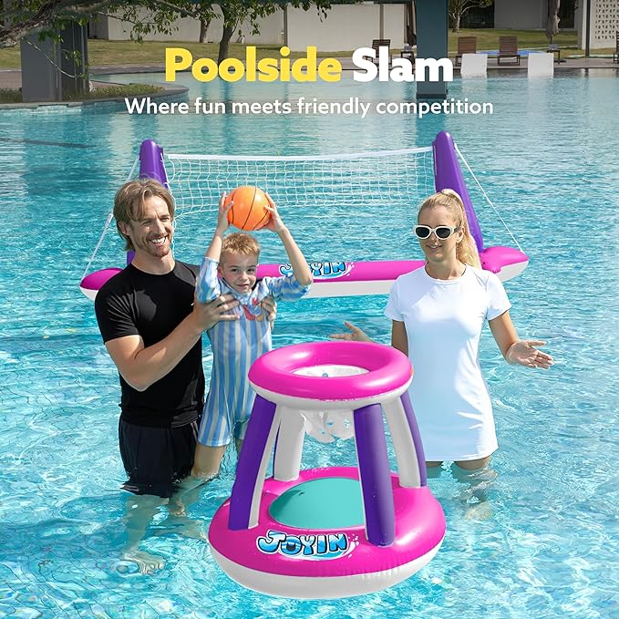 JOYIN Inflatable Pool Float Set Volleyball Net & Basketball Hoops, Floating Swimming Game Toy Floaties for Kids and Adults Volleyball Court (105”x28”x35”)|Basketball (27”x23”x27”),L-Pink Purple