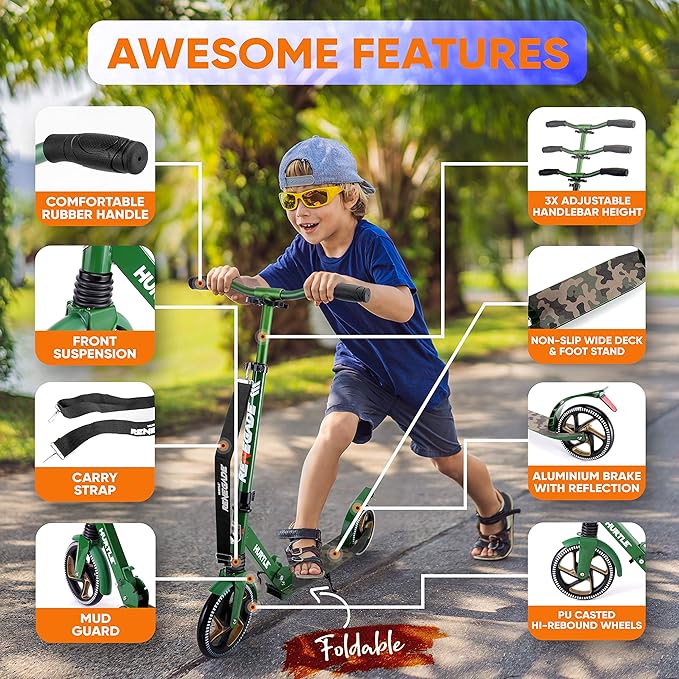 Hurtle Renegade Kick Scooter for Kids, Teenagers & Adults - 2-Wheel Folding Scooter with Adjustable T-Bar Handlebar - Alloy Anti-Slip Deck