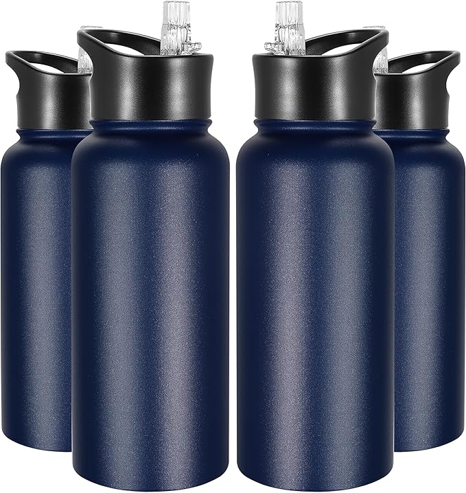 VEGOND 32 oz Insulated Water Bottle Bulk Stainless Steel Metal Water Bottles with Leak Proof Straw Lid & Spout Lid, Wide Mouth Double Walled Vacuum Travel Sports Bottle, 4 Pack