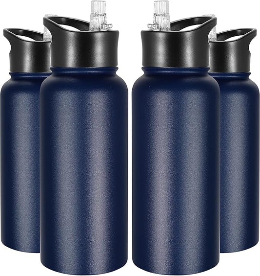 VEGOND 32 oz Insulated Water Bottle Bulk Stainless Steel Metal Water Bottles with Leak Proof Straw Lid & Spout Lid, Wide Mouth Double Walled Vacuum Travel Sports Bottle, 4 Pack