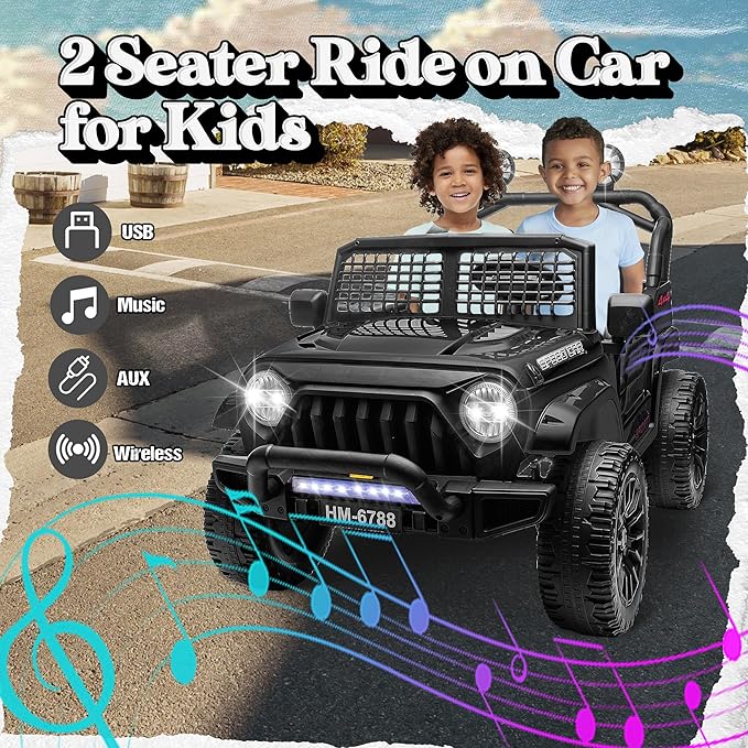 2 Seater Ride on Car for Kids, 24V Electric Power Ride on Truck Toy with Remote Control, 200W Motor, LED Lights, Music, 3 Speed, 4 Wheel Suspension Spring, Soft Start, Safety Belt