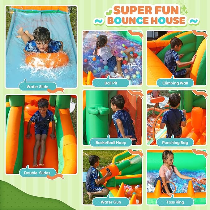 Bounce House Inflatable Waterslide Kids Bouncy Catle Dual Slides Water Park with Slip and Slide for Wet and Dry
