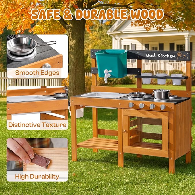 ROBOTIME Mud Kitchen for Kids Outdoor - Wooden Outdoor Play Kitchen Set with Real Water Play, Cooking Pots & Gardening Tools - Sensory Toy Kitchen for Pretend Play Ages 3+
