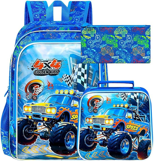 16" Monster Truck Backpack for Boy, 3Pcs Bookbag for Elementary Preschool Kindergarten, Kids School Backpacks with Lunch Box (Blue)
