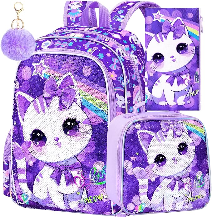 CCJPX 16" Cat Backpack for Girls, 3Pcs Kids Preschool Bookbag, Cute Water Sequin Resistant School Bag for Teen Kindergarten Toddler (Purple)