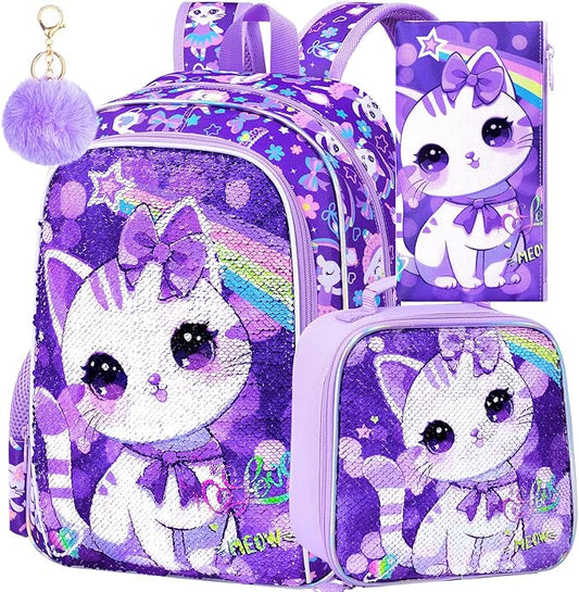 CCJPX 16" Cat Backpack for Girls, 3Pcs Kids Preschool Bookbag, Cute Water Sequin Resistant School Bag for Teen Kindergarten Toddler (Purple)