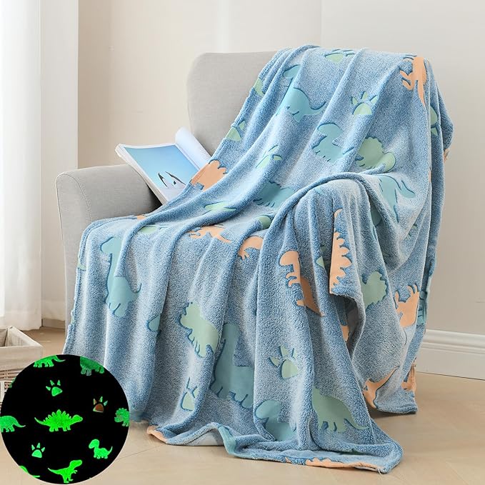 QSTEHEML Dinosaur Glow in The Dark Blanket,Dinosaur Gifts for Boys Age 3 4 5 6 7 8 9 10 11 12 Year Old, Soft Throw Blanket for Kids Boys- Christmas Birthday Bedroom Decor 50"×60"