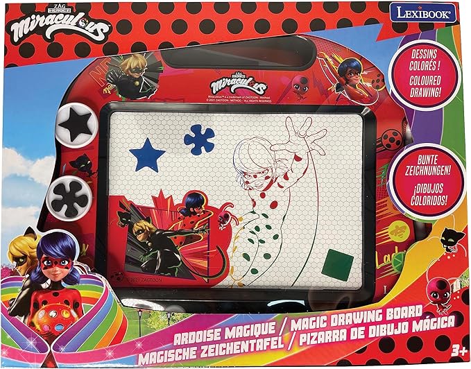 LEXiBOOK, Miraculous Ladybug Cat Noir, Multicolor Magic Magnetic Drawing Board, Artistic Creative Toy for Girls and Boys, Stylus Pen and Stamps, Red/Black, CRMI550