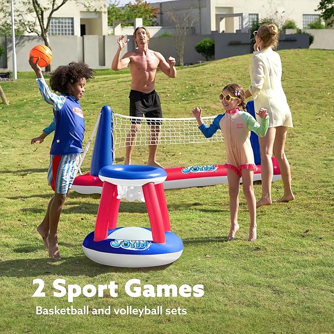 JOYIN Inflatable Pool Float Set Volleyball Net & Basketball Hoops, Balls Included for Kids and Adults Swimming Game Toy, Summer Floaties, Volleyball Court |Basketball,L-Red
