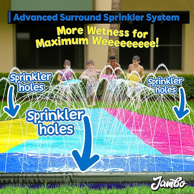 JAMBO XL 20Ft Premium Slip Splash and Slide with 3 Bodyboards, Heavy Duty Water Slide- Advanced 3-Way Water Sprinkler System, Backyard Waterslide Outdoor Water Toys n Slides for Kids Splash Pad