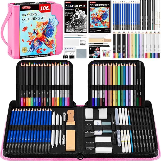 106 Pack Drawing Set Sketching Kit, Pro Art Supplies with 3-Color Sketchbook, Coloring Book, Graphite Colored Charcoal Watercolor & Metallic Pencils, Drawing Supplies Gift Case for Artists Adults Kids