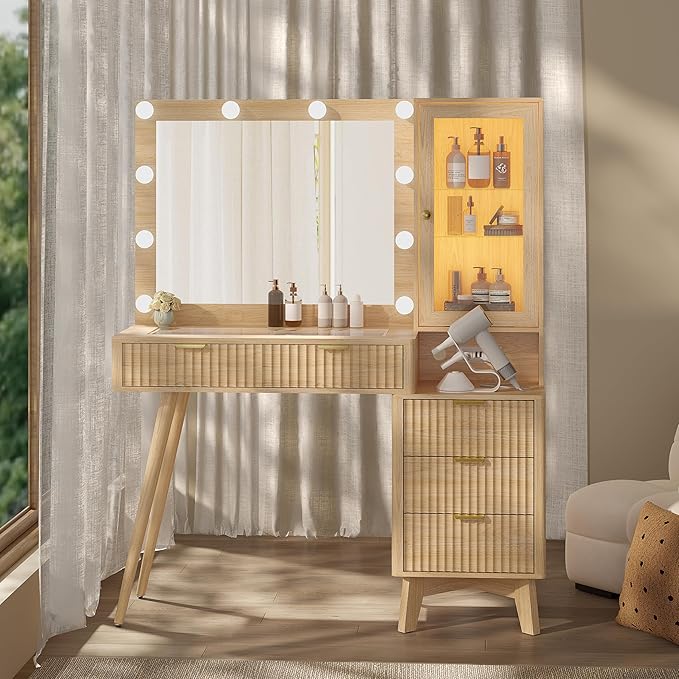 Makeup Vanity Desk with Mirror and Lights, 45" Fluted Wood Vanity Desk with Glass Top, 5 Drawers & RGB Glass Cabinet, Power Outlet, Mid Century Modern Dressing Table Set for Women Girls Bedroom