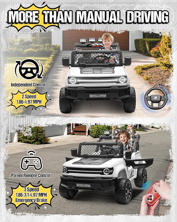24V Ride on Toys for Big Kids, 2 Seater Electric Car w/22'' Large Seat, Remote Control, Shovel, 4X200W Engines, 4WD/2WD Switchable, Truck Bed Storage, Ride On Truck Toy for Boy Girl, White