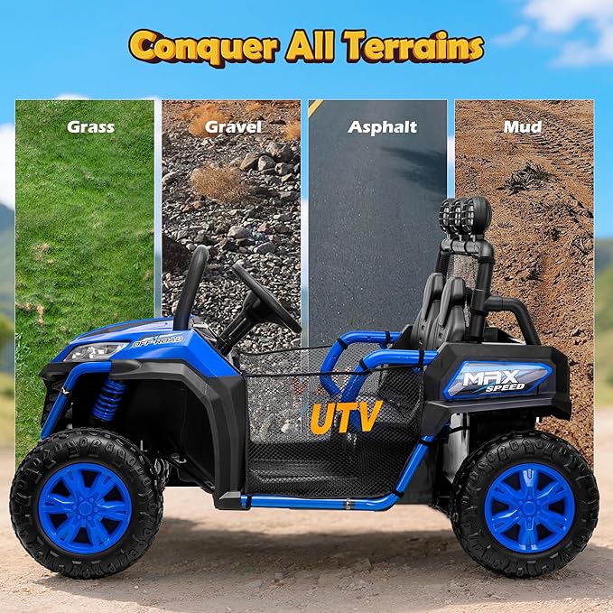 2 Seater 24V Ride On Toys for Big Kids, Electric UTV Car with Remote Control, 4-Wheeler Suspension, Side by Side Vehicle Max 110lbs, Soft Start, Bluetooth, Lights, Ride on Truck Kids 3 Years+, Blue
