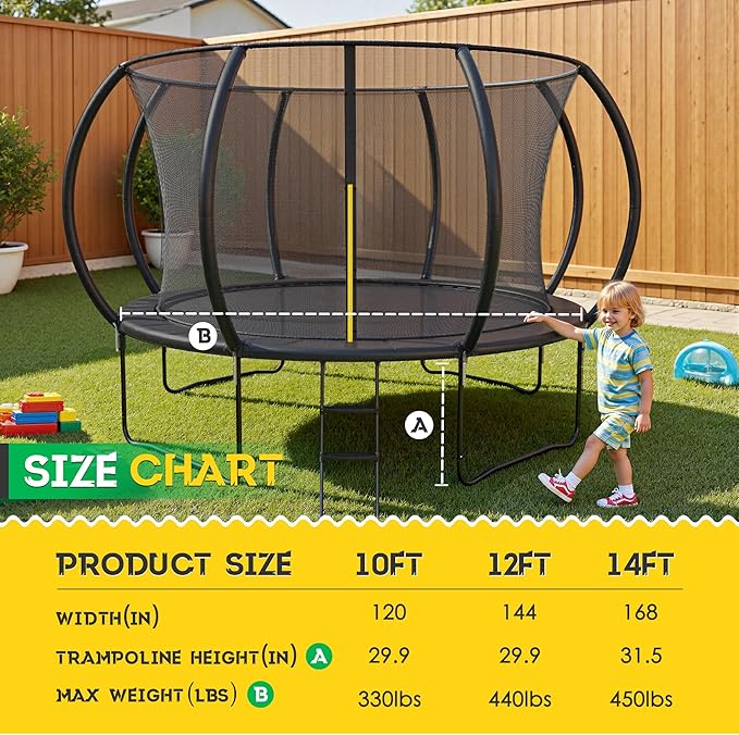 10 FT 12 FT 14 FT Trampoline for Kids Adults, ASTM Approved, Outdoor Round Trampoline with Enclosure Net Ladder, Recreational Trampolines for Backyard Family Play