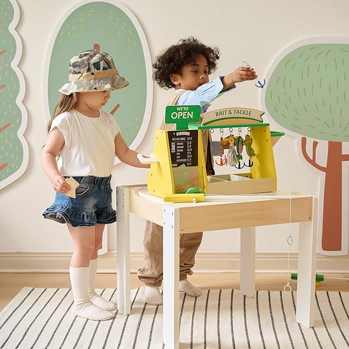 Teamson Kids Fishing Shop Playset with Cash Register & Scanner, Wooden Role Play Counter for Toddlers, Pretend Market Toy with Fish & Accessories, STEM Gift for Ages 3+