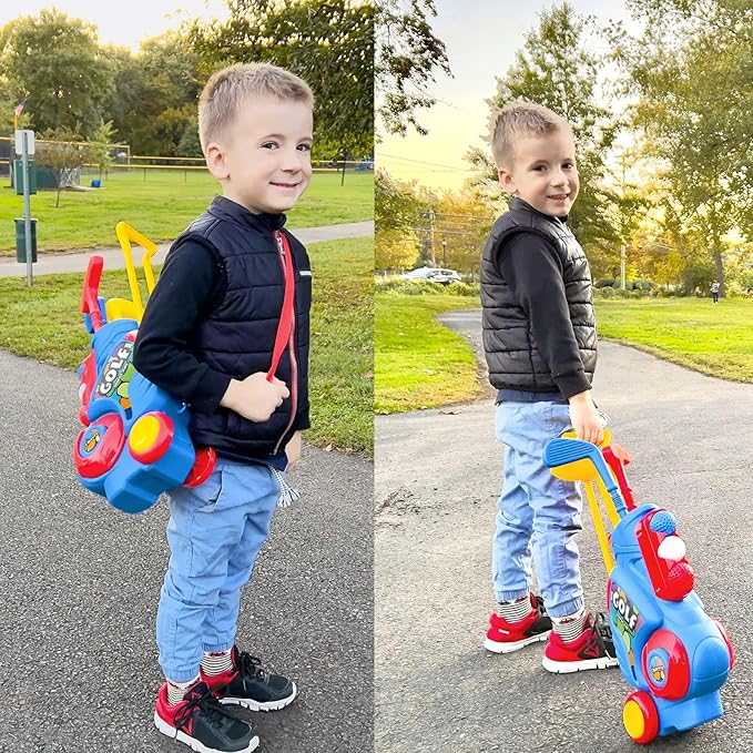 Liberry Toddler Golf Set with Putting Mat for 2 3 4 5 Years Old Boys Girls, Upgraded Kids Golf Cart with Unique Shoulder Strap Design, Indoor and Outdoor Golf Toys