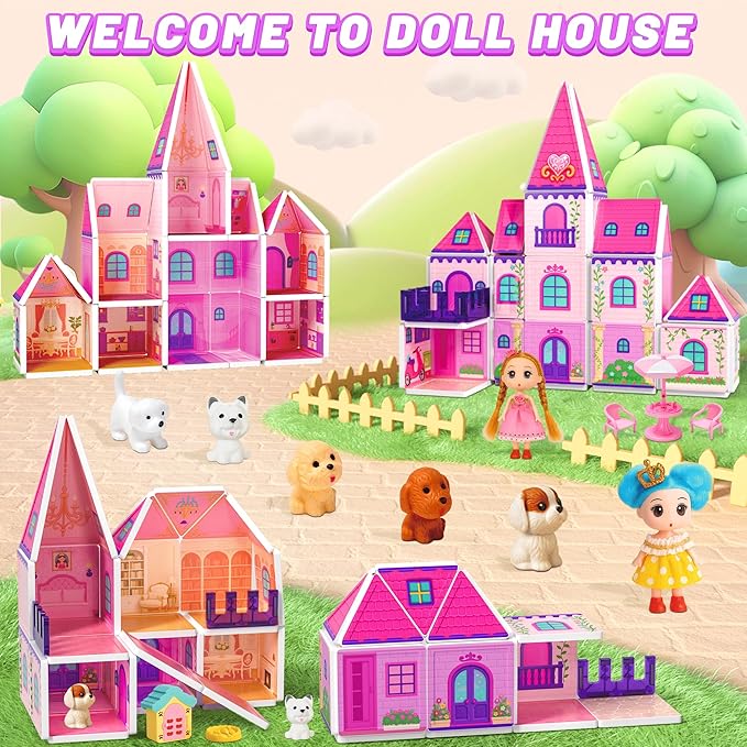 Magnetic Tiles Doll House Building Toys Set with Double Sided Printed Design, Play House Magnetic Blocks for Kids Ages 3-5 4-8, STEM Educational Sensory Magnet Toys Birthday Gifts for Girls