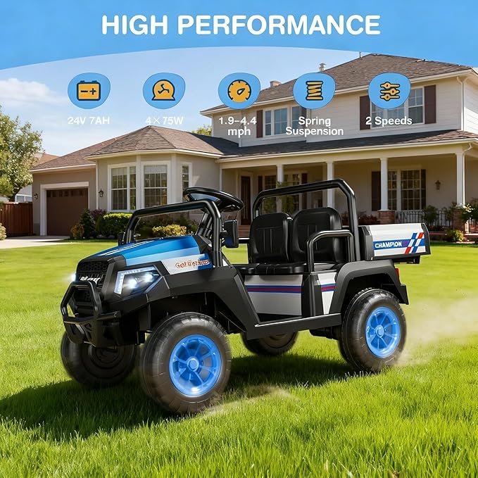 R8 Apex 2-Seater 24V Ride on Truck for Big Kids, 4WD Ride on Car w/Remote Control, Electric UTV Car, Pickup Trunk Bed, Extra Shovel, Battery Indication, 2 Speeds, Music, Wireless, LED Lights