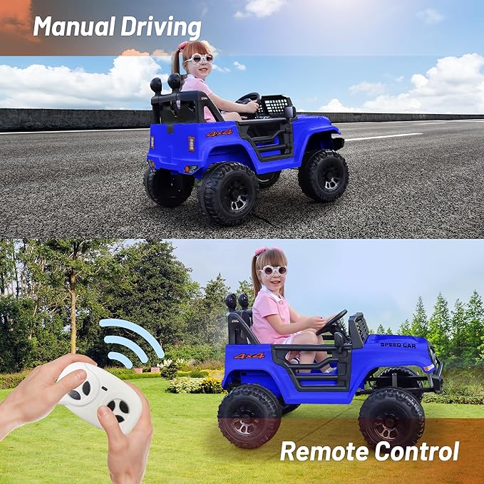 12V Ride On Car, Electric Car for Kids, Ride on Toys, Kids Cars with 3 Speeds Adjustable, Bluetooth, Parent Remote Control, Spring Suspension, AUX Port-Blue