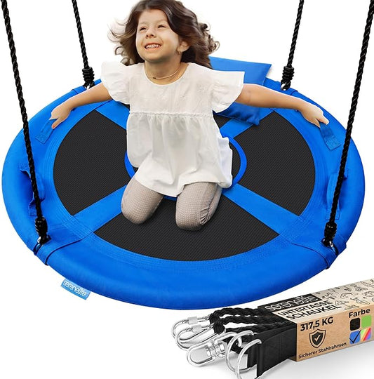 SereneLife 40" Saucer Swing - Outdoor Swing Set with Universal Hanging Kit, Swinging Seat Spinner with Pillow & Carry Bag, Weatherproof, Water-Resistant, Supports Up to 700 lbs, Blue
