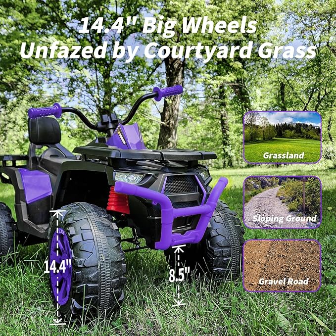 12V Kids 4 Wheeler ATV, 2-Seater Electric ATV Four Wheeler for Big Kids with Bluetooth, 14.4" Big Wheels - Purple